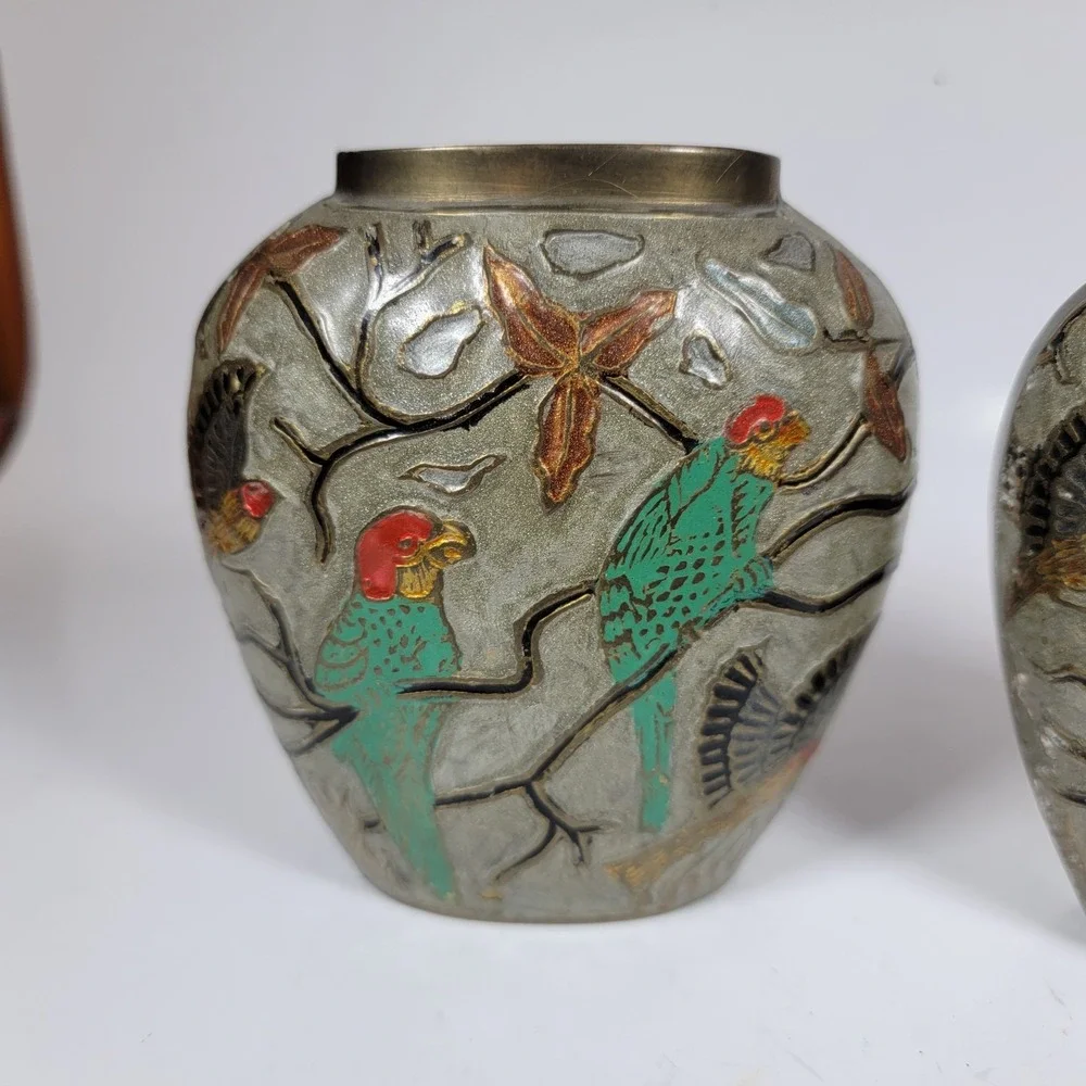 Vintage Brass and Enamel Cloisonné Floral Bud Flat Vase 4.25